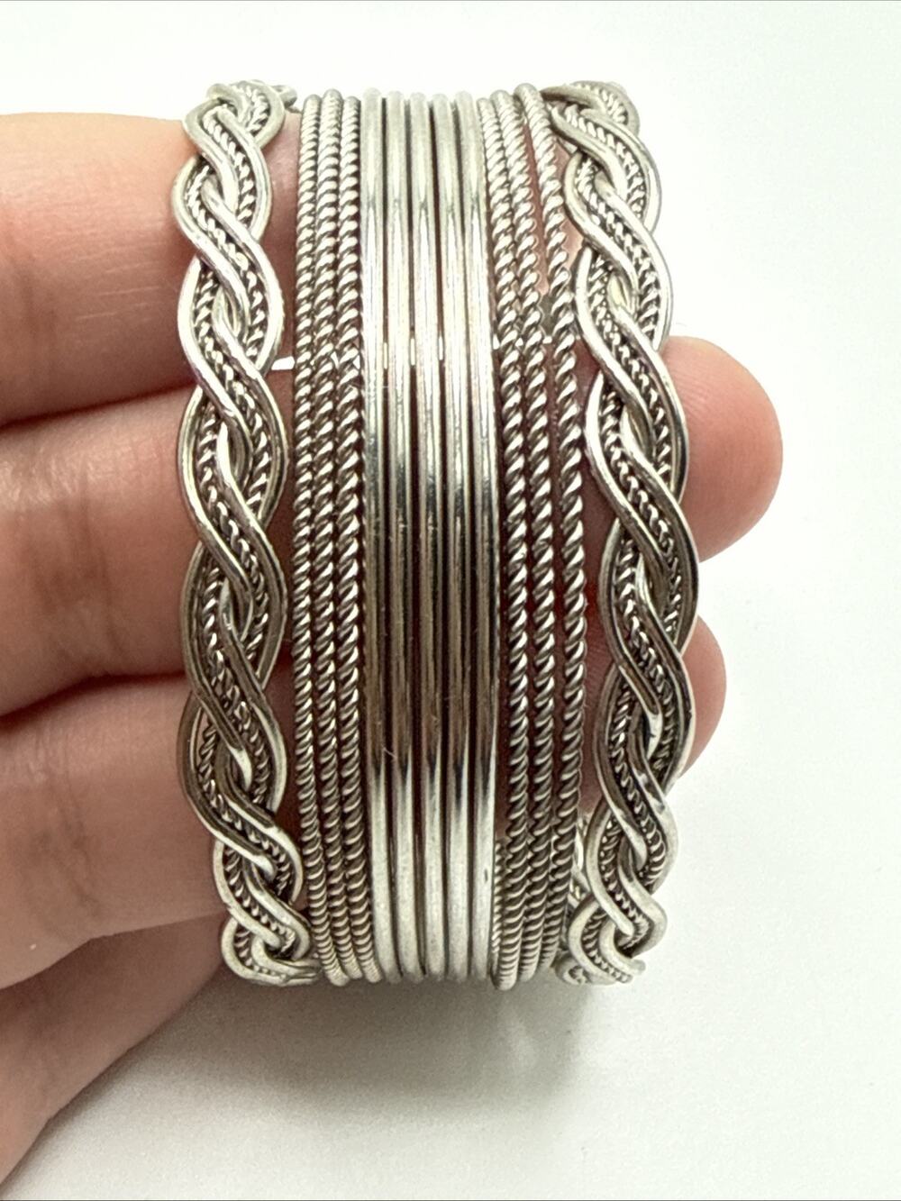 Vintage Estate Woven Wicker Style Silver Tone Cuff Bracelet 1.25” Wide